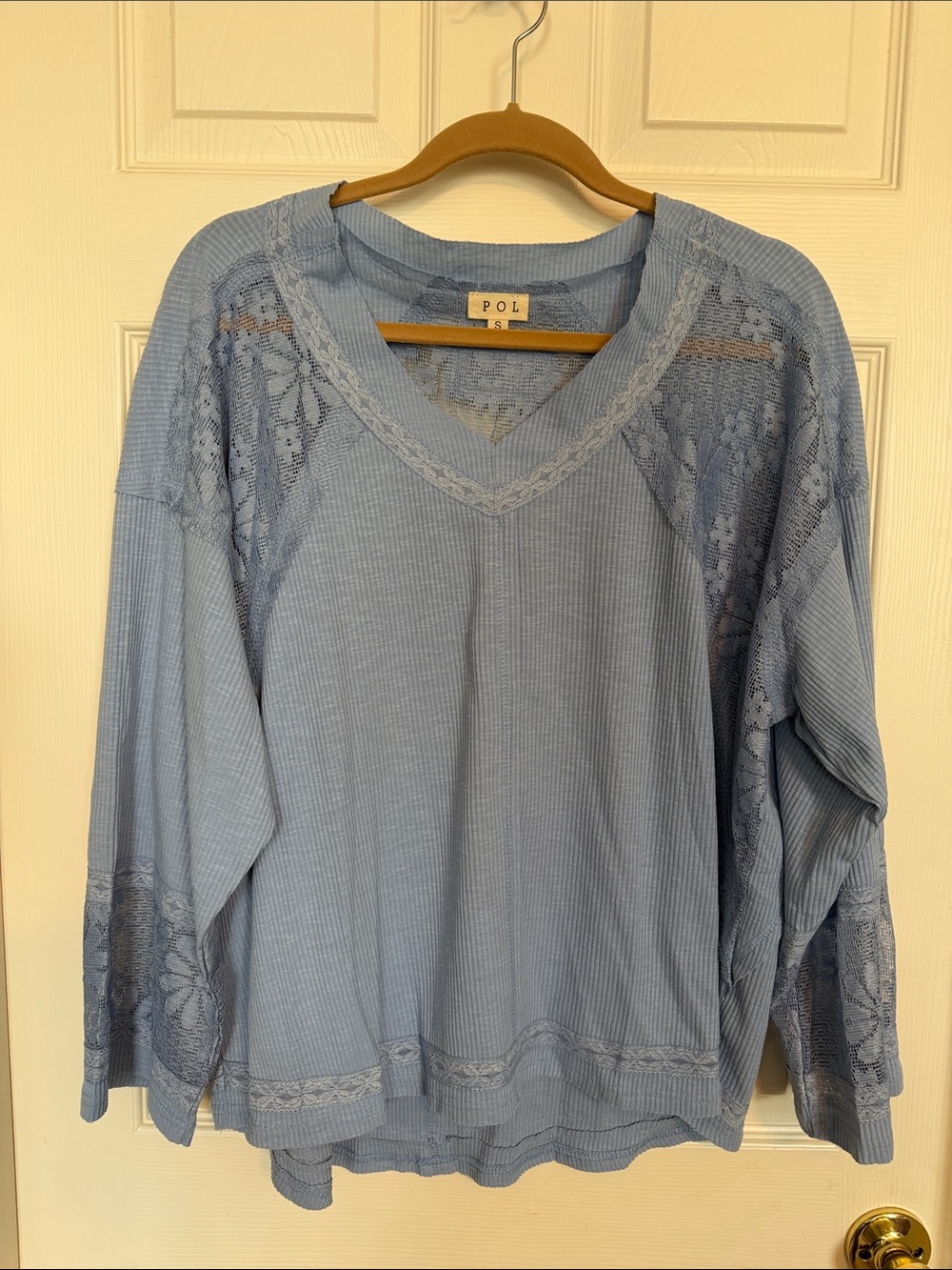 POL NWOT Light Blue Lace-Trim V-Neck Pullover